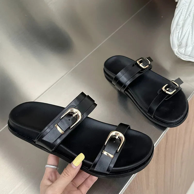 Big Size Footwear Leopard print Slippers Slides Shoes Beach Metal Buckle Flat Sandals Shoes
