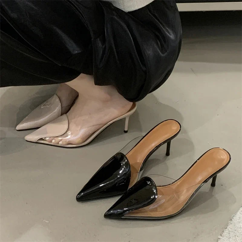 PVC Transparent Thin High Heels Slipper Pointed Toe Stripper Party Mule Slides Shoes Zapatos De Muje