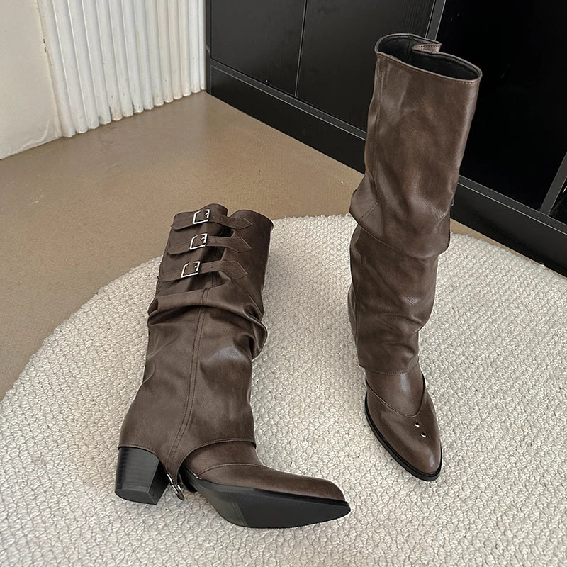 Vintage Belt Buckle Knee High Boots Removable Shoes Elegant Thick Heel Knight Long Booties