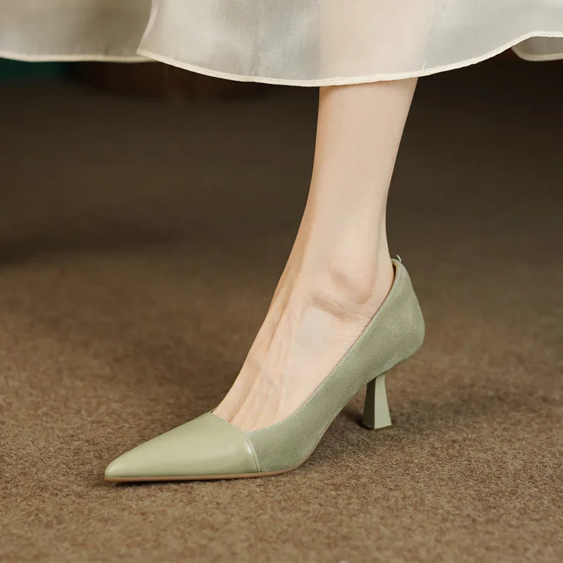 Splicing Shallow Mouth Single Shoes French Pointed Toe Temperament High Heels