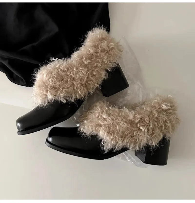 Ins style Square toe Patent Leather Wool Warm High heels Loafers Casual Girls Chunky Shoes
