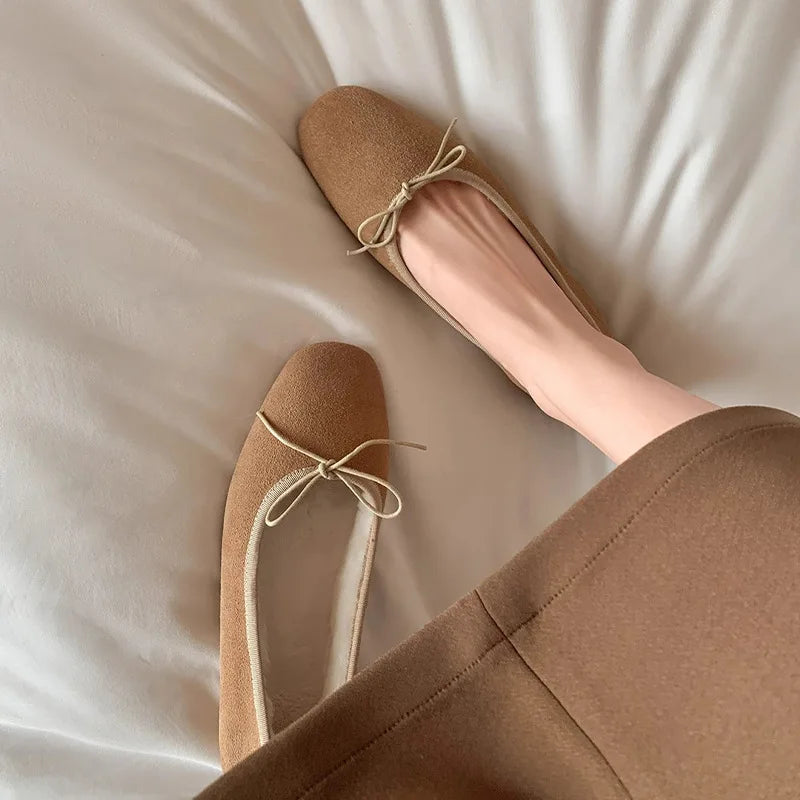 square toe suede leather fur flats elegant bowtie ballerina shoes warm plush mocasines slip on furry loafers