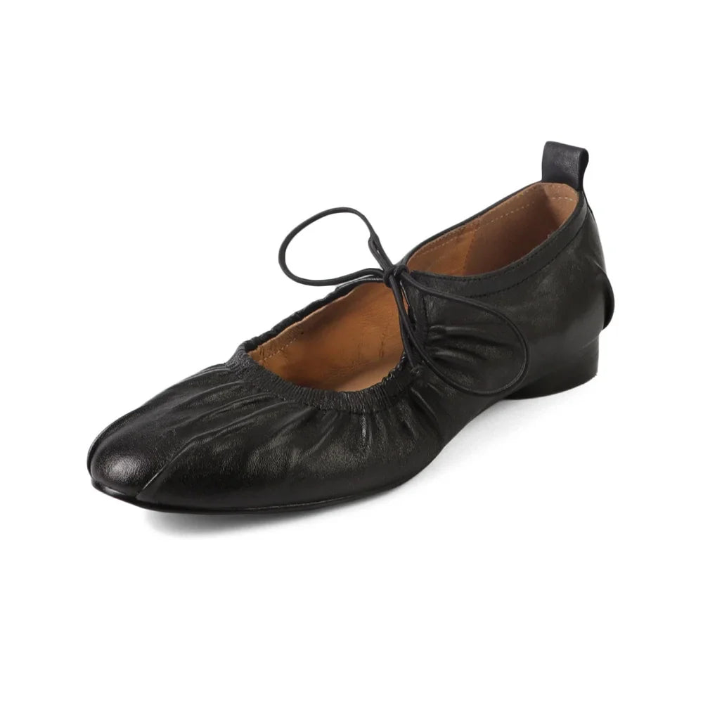 Retro Genuine Leather Pumps Low Round Heels Party Woman Round Toe Lace Up Pumps