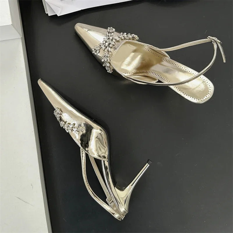 Design CRYSTAL Rhinestone Buckle Strap Banquet Thin High Heels Prom Sandals Mule Shoes Zapatos De Mujer