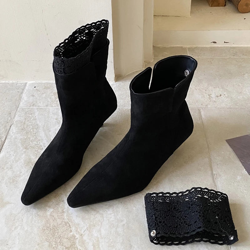 Pointed-Toe Faux Suede Ankle Boots Elegant Stiletto Heels