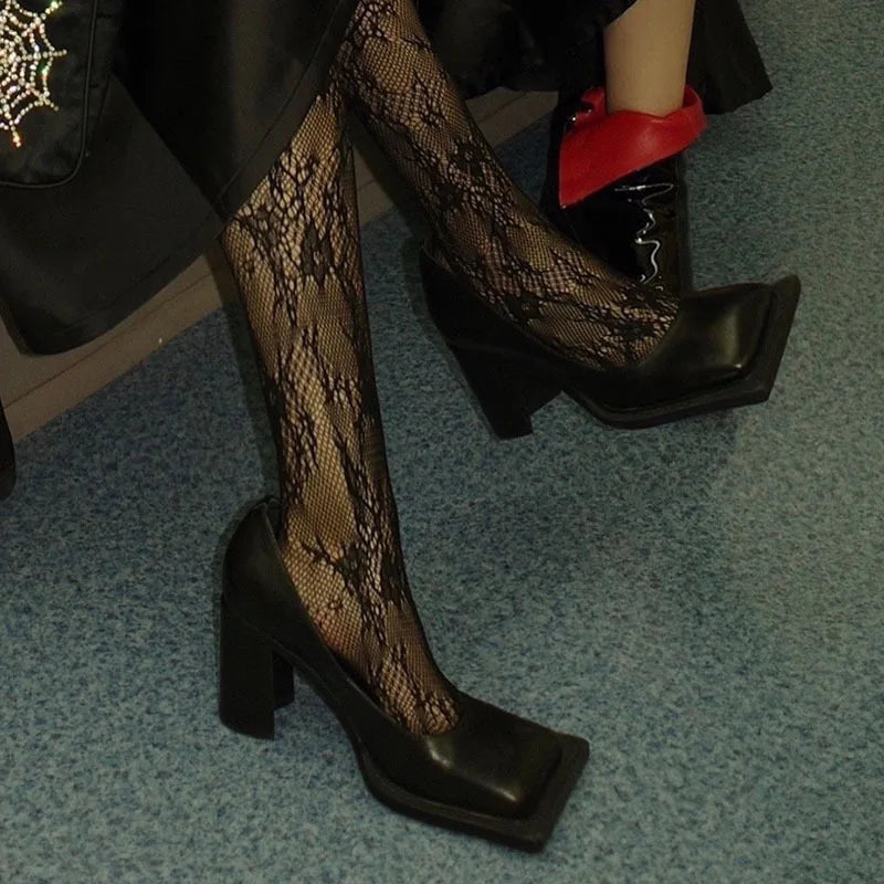 Pumps Square Toe Chunky Heel High Heels Black Soft Leather Elegant Evening