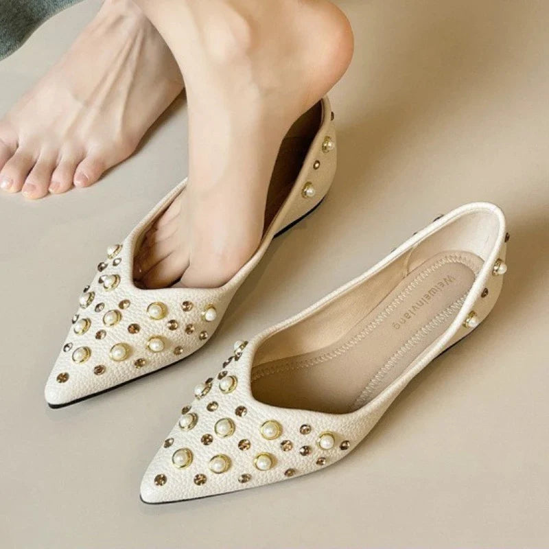 Pearl Rhinestone Decoration Flat Shoes Soft Leather Pointed Toe Ballet Flats Comfort Commuter Office Mary Jane Loafers