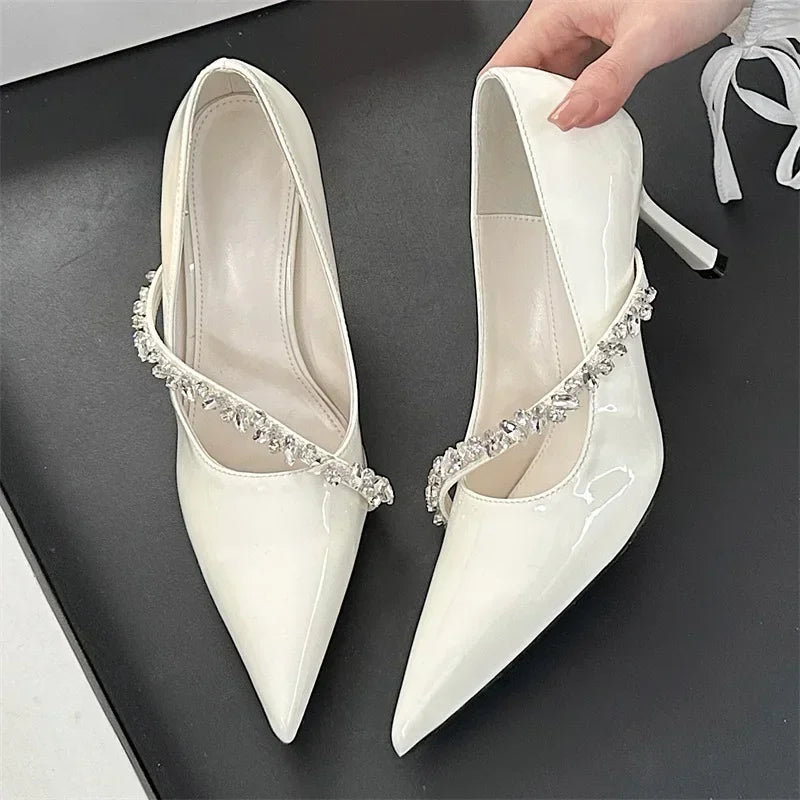 Rhinestone Chain Thin High Heels Pointed Toe Pumps Office Shoes Elegant Zapatos De Mujer