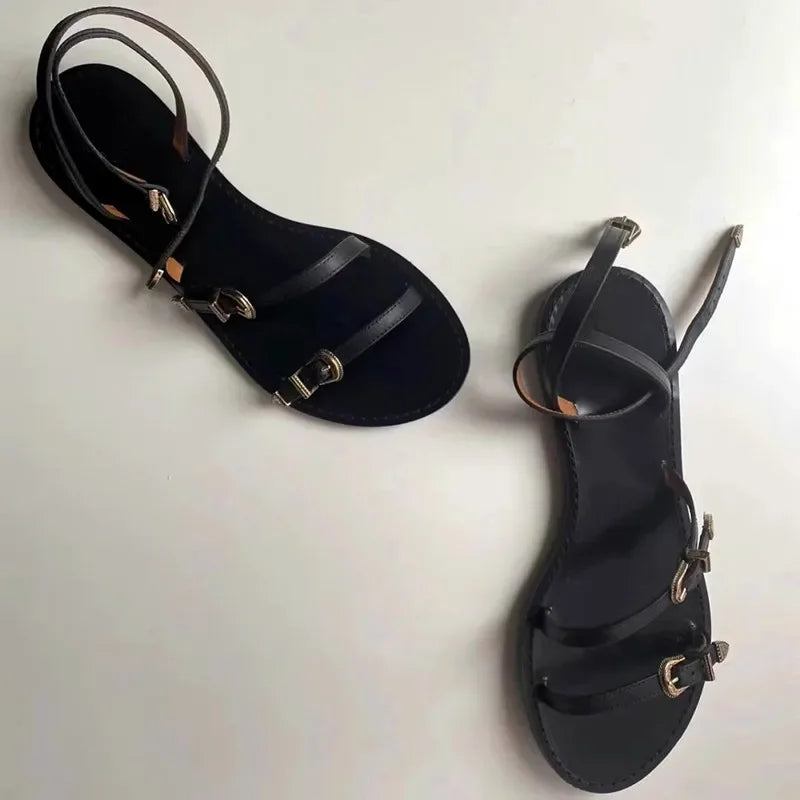 Multi Metal Buckle Design Flat Sandals Open Toe Ankle-Wrap Beach Roman Sandals Elegant