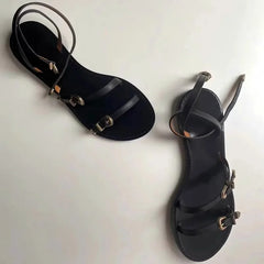 Multi Metal Buckle Design Flat Sandals Open Toe Ankle-Wrap Beach Roman Sandals Elegant