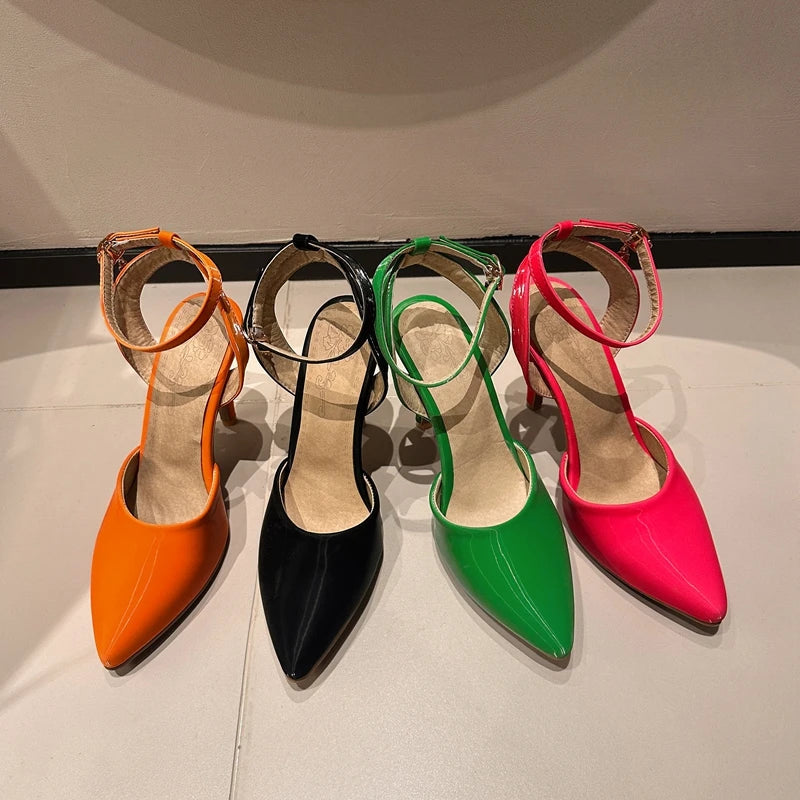 Pu Leather Ankle Strap Buckle Stiletto Pumps Slingback Pointed Toe High Heels Sandals Shoes Large Size 33-50