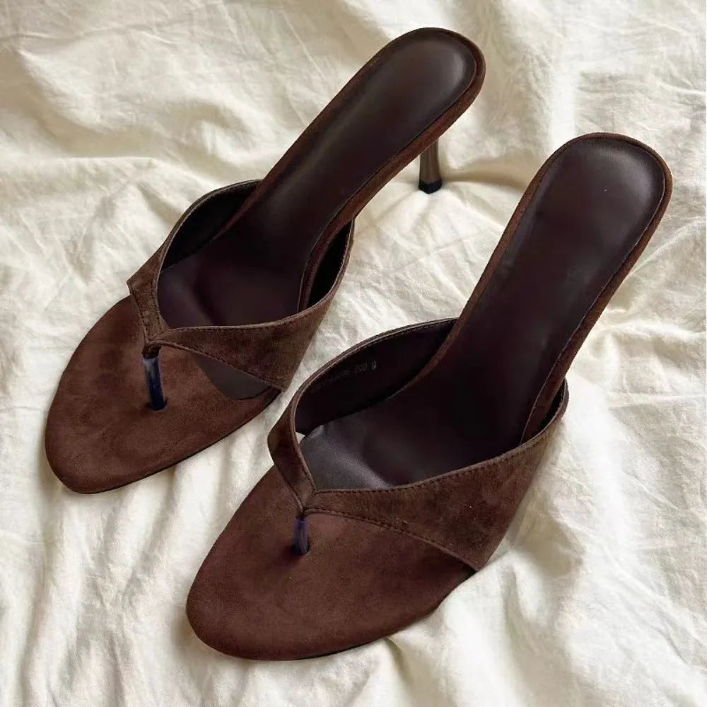 Round Toe Thin Heel Slippers Flip Flops Sandals Shoes Shallow Medium Heels Slippers Slides Pumps
