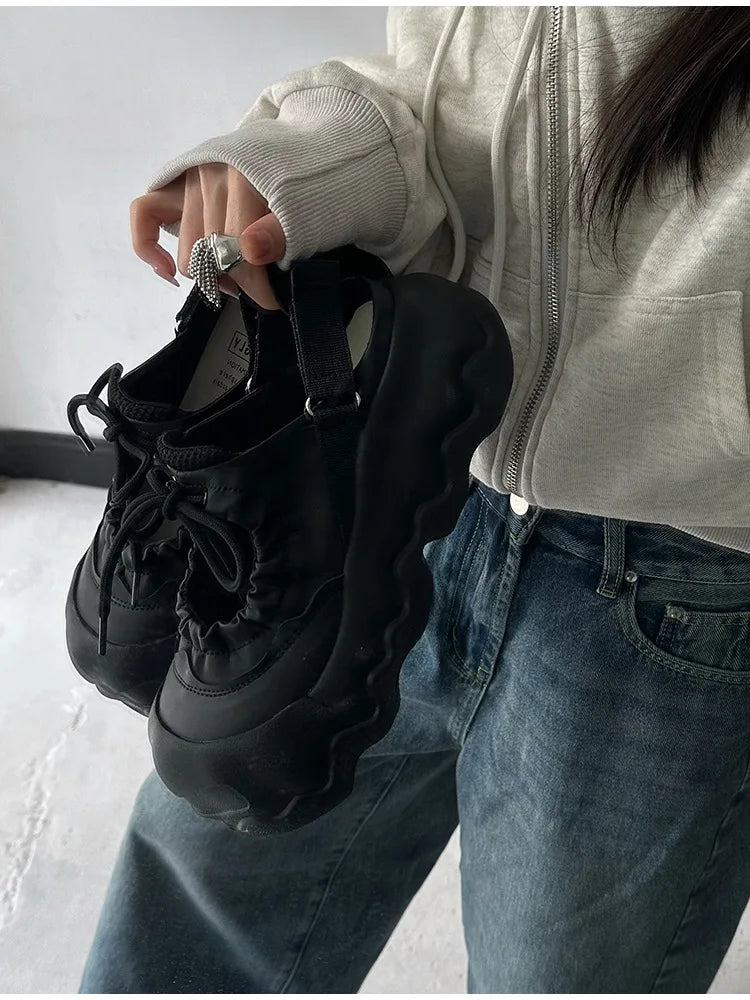 Street Explosion 5CM Mary Jane Sandals Wave Thick Bottom Lace Hollow Big Head Bread Shoes