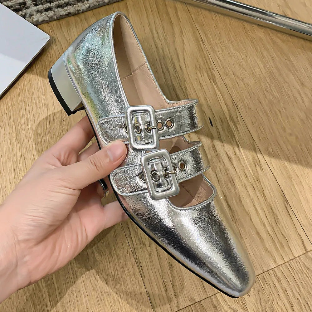 genuine leather double metal buckle slip-on mary jane flats sqaure toe casual soft comfortable ballerinas shoes