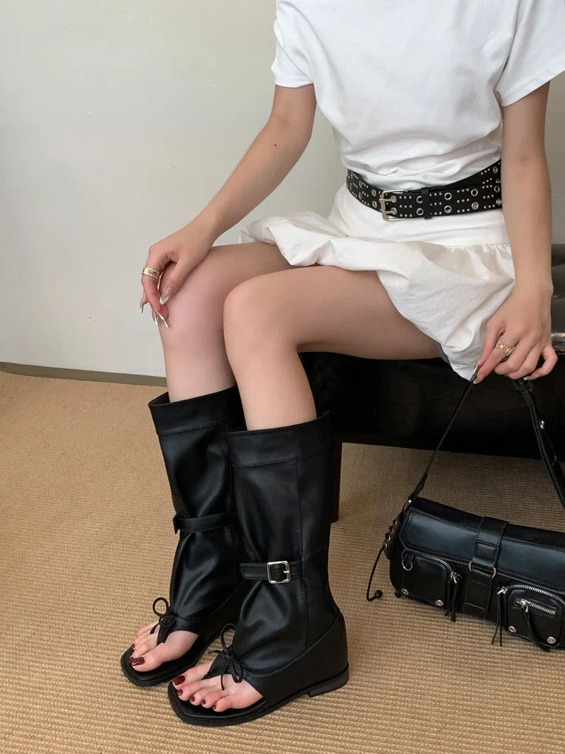 Black Wedge Sandals Woman Thong High Heels Long Boots Belt Buckle Gladiator Shoes Sandal Femmes
