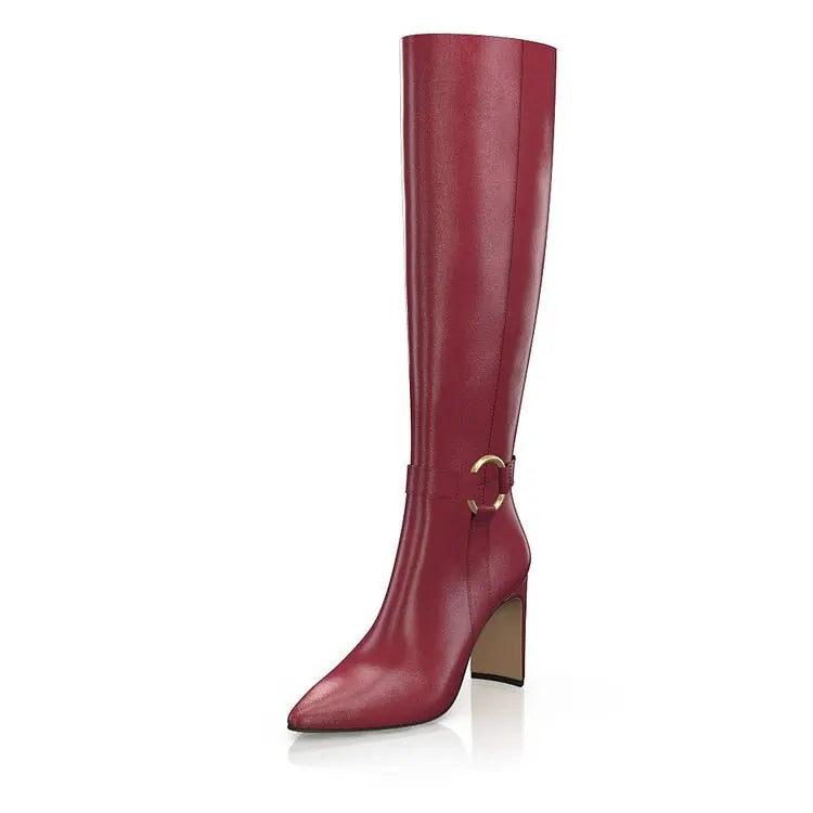 Burgundy Pointed Toe Heeled Knee High Boots with Ring Buckle Arrival