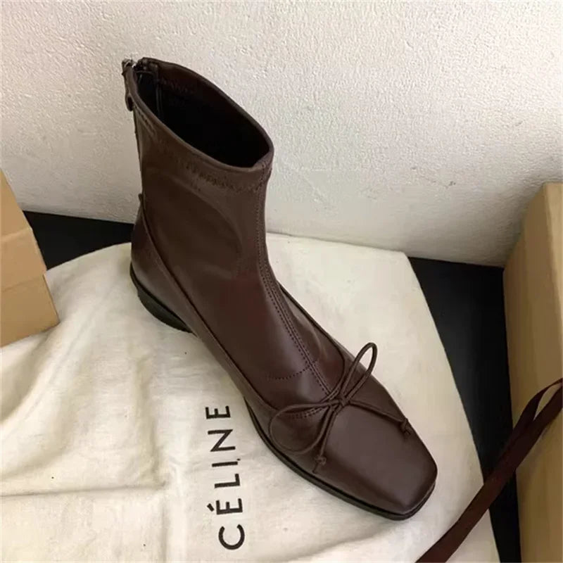 Brown Bow Back Zipper Ankle Boots Point Flat Head Square Heel Shoes Chic Sewing Thread Boot