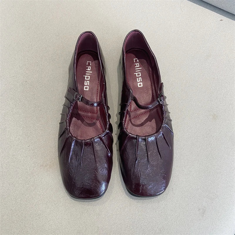 Pleated Mary Janes Flats Shoes Square Toe Pu Leather Comfortable Elegant Red Shoes Shallow Black Ballet Flats