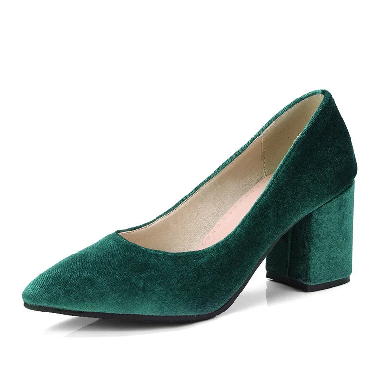 Velvet Mary Jane Shoes Pearls Buckle High-heeled Velour Green Burgundy Pumps Office Banquet Party 33-43