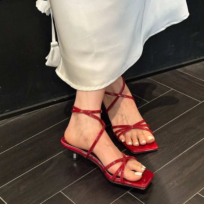 Cross-tied Low Heel Sandals Shoes Shallow Square Toe Footwear Heeled Shoes Sandals Pumps