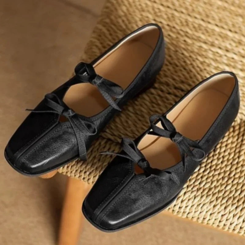 Mary Jane Shoes Ballet Bow Square Toe Mid Heels Nude Shoes Casual Elegant Shallow Pumps
