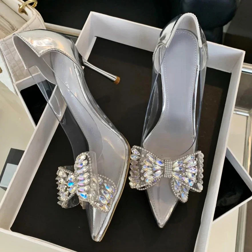 Rhinestone Bow Pvc Transparent High Heels Hollow Party Pointed Toe Heeled Sandals