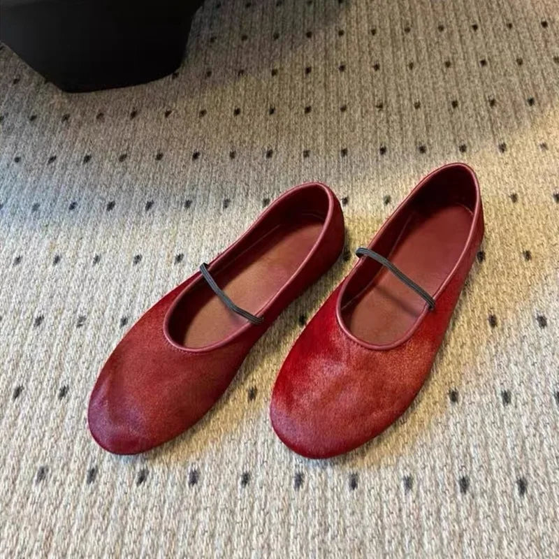 Round Toe Horsehair Ballet Flats Shoes Elastic Band Elegant Red Mary Janes Shallow Black Loafers