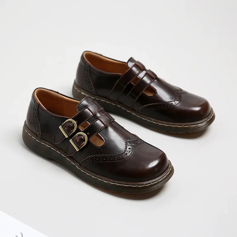 Mary Jane Shoes Thin Section Japanese Double Buckle Low-cut Flat Round Toe Small Leather Shoes