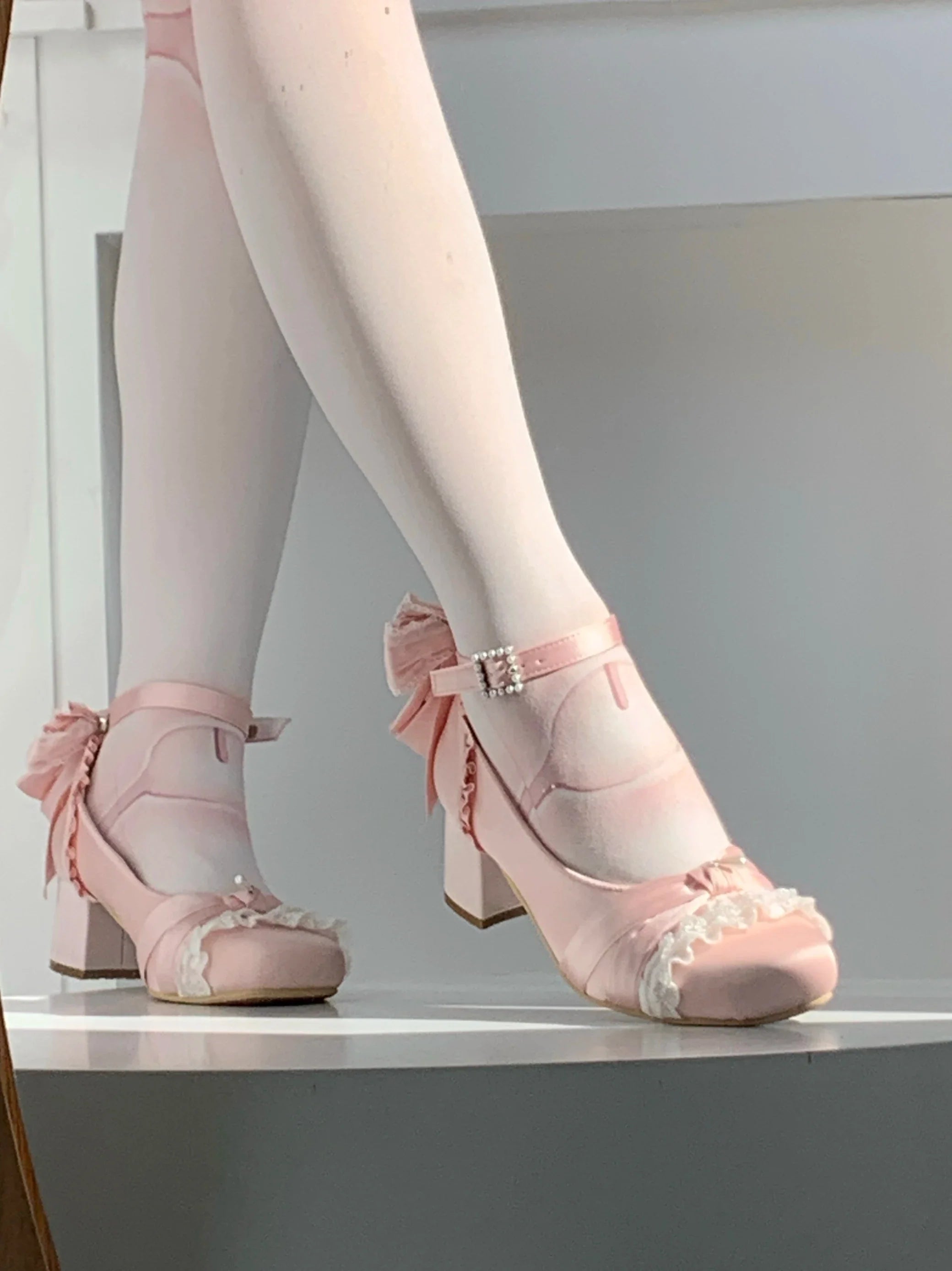 Pink Lolita Shoes Ballet Thick Heel High Heels Mary Jane Shoes Satin Elegant Platform Waterproof Pumps Original