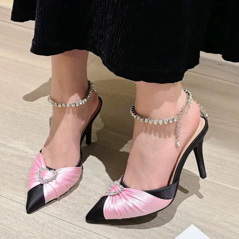 Elegant Crystal Buckle Strap Pointed Toe Prom Thin Heels Sandals Mule Party Shoes