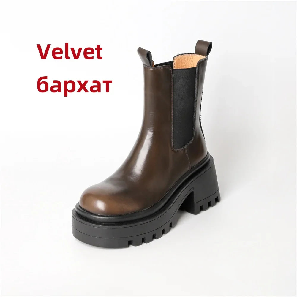 Platforms Ankle Boots Genuine Leather Thick Sole Ankle Punk Motorcycle Shoes Combat Booties