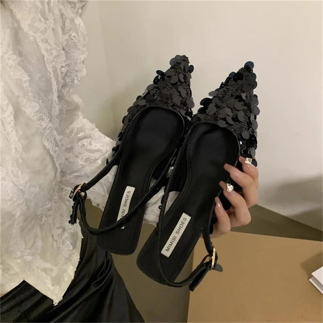Low Sandals Woman Leather Shoes Closed Toe Bling Bling Suit Beige Heels Low-heeled Silver Retro Bright Black Girls