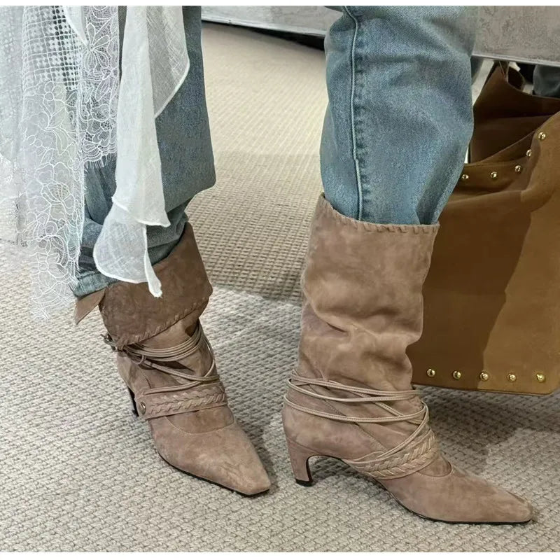 Faux Suede Weave Lace-up Motorcycle Boots High heels Chelsea Western Mid-Calf Short Booties Shoes