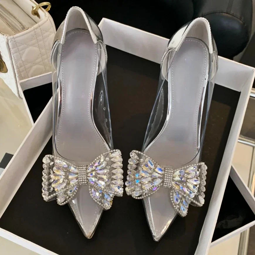 Rhinestone Bow Pvc Transparent High Heels Hollow Party Pointed Toe Heeled Sandals