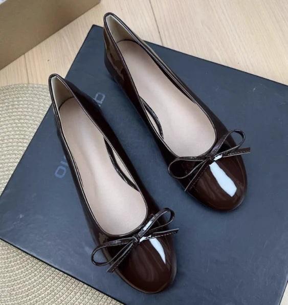 Round Toe Ballet Flats Spongy Bottom Hot Italian Shoes Patent Leather Classic Bow-Knot Dressing Slip-On 34 48 47