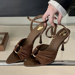 Comfort Hollow Out Metal Buckle Decoration Elegant Satin Ankle Strap Heels Pointed Toe Party Shoes