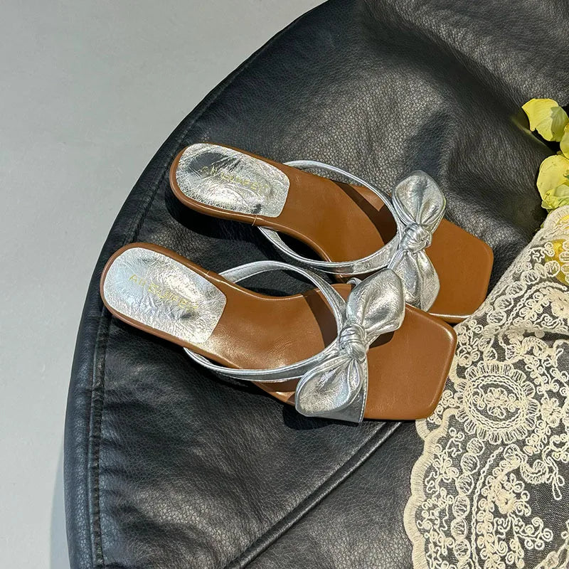 Low Heel Slides Slippers Shoes Butterfly-Knot Heeled Sandals