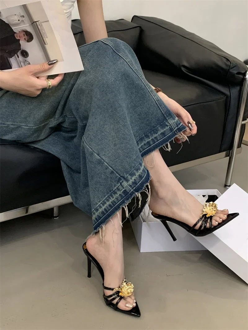 Pointed Toe White High Heels Party Slippers Metal Flowers Sandal Banquet Shoes Mules Slides