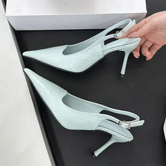 Elegant Slingbacks Thin High Heels Pointed Toe Buckle Strap Blue Party Heeled Sandals
