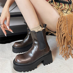 Platforms Ankle Boots Genuine Leather Thick Sole Ankle Punk Motorcycle Shoes Combat Booties