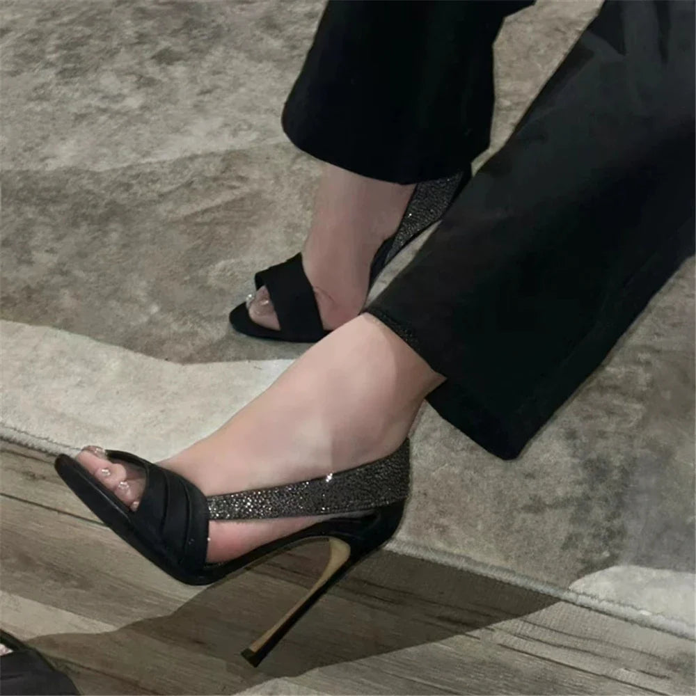and pointed fish mouth rhinestone lace-trimmed hollow single shoes high-heeled banquet dress sandals