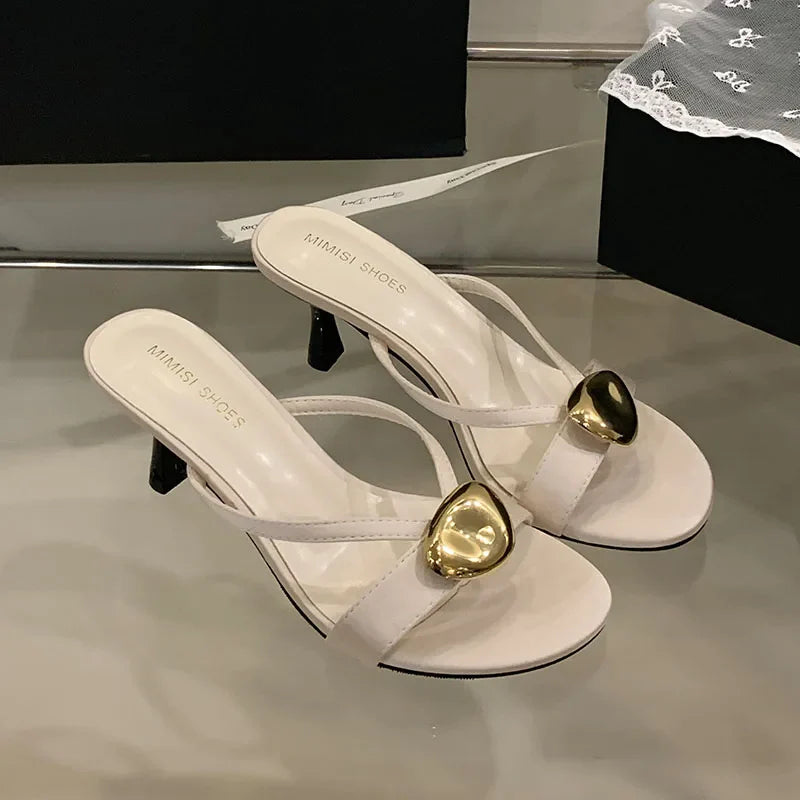 Metal High Heels Pumps Slides Shoes In Slip Round Toe Thin Heels Shoes