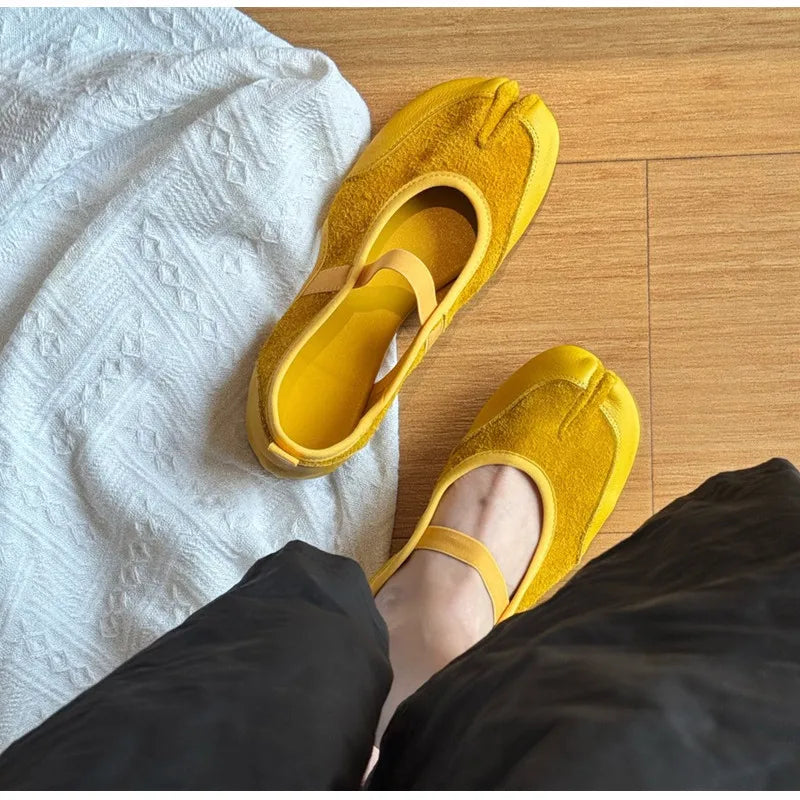 Split toe Faux suede Patchwork Tabi Ballet Flats Mary Janes Walking Loafers Casual Girls Dance Shoes