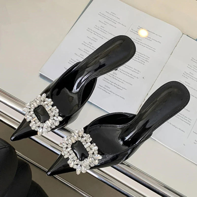 Crystal Thin Heels Mules Slippers Elegant Pointed Toe Banquet Party Prom Shoes