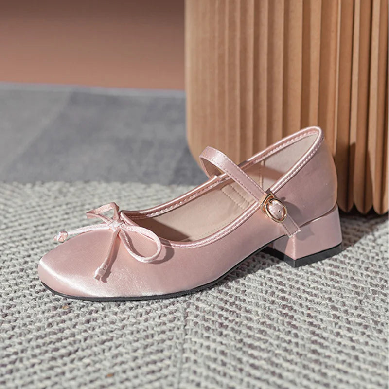 Women/girl's Pink Silk pumps sweet bowtie mary janes shoes woman square toe silk tacones ballerina shoes med-hgh heels bow shoes