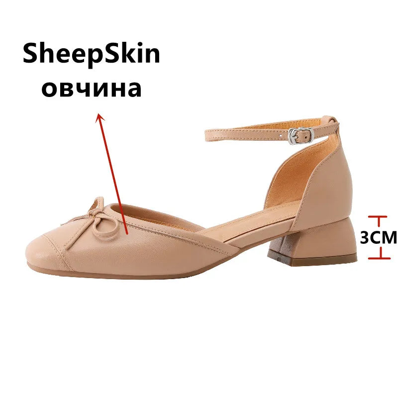 Sweet Retro Butterfly Knot Genuine Leather Thick Heels Ankle Strap Shoes Woman Party Wedding