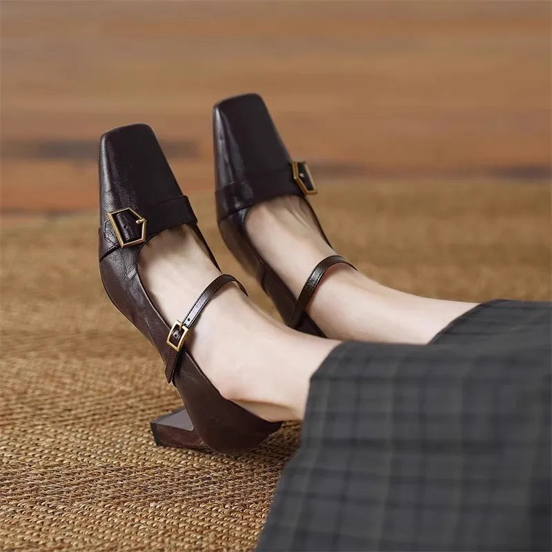 Metal Buckle Decoration Mary Jane Shoes Comfortable Leather High Heels Elegant Chunky Heel Zapatos De Mujer