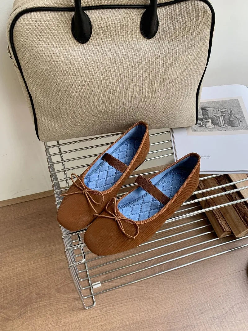 Sweet Butterfly Knot Stripe Design Mary Jane Shoes Comfortable Suede Elastic Band Casual Flats Elegant Brand Shoe