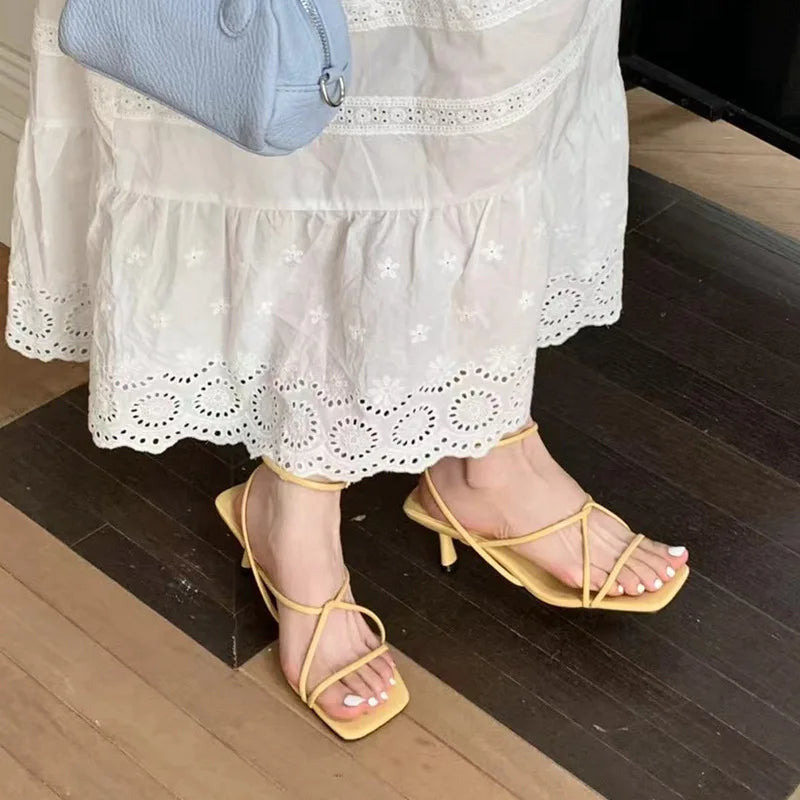 Womens Shoes Sandals Stiletto Heels Suit Beige All-Match Girls Low Comfort High Retro