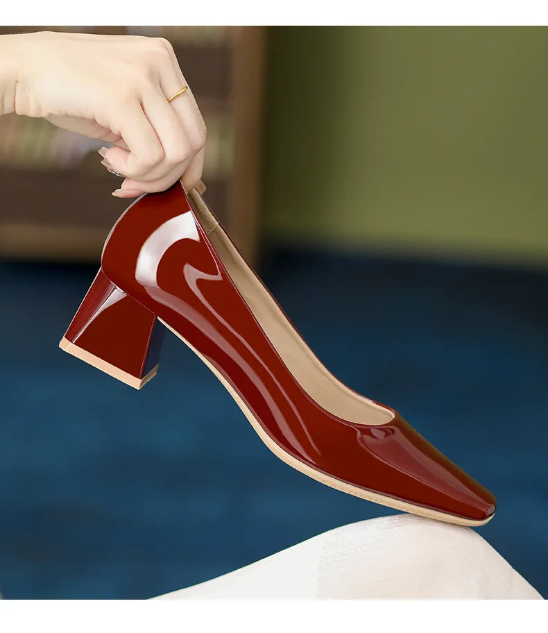Solid Japanned Leather Pumps Woman Block High Heels Shoes OL Dress Work Escarpins Femmes Tacones Mujer